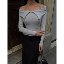 Kelebek Yaka Uzun Kol Bluz Gri