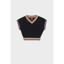 Kız Çocuk V Yaka Kontrast Şeritli Triko Süveter - Siyah