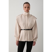 Laluvia Bej Valeria Kemerli Ceket Kadın Relaxed Kalıp %100 Pamuk Uzun Kol Casual Stil