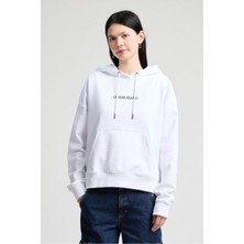 Kadın Oversize Kapüşonlu Nakış Logolu Sweatshirt - Beyaz