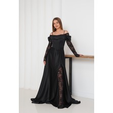 Kolları Dantelli Siyah Saten Abiye Elbise