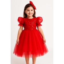 Mnk Baby & Kids Kırmızı Balon Kol Pul Payet Kız Çocuk Tütü Elbise M00751 Özel Davetler İçin Zarif Seçim