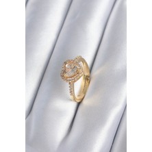 Pirinç Gold Renk Zirkon Taşlı Kalp Charm Model Kadın Yüzük - TJ-BYK2858