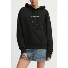 Kadın Kapüşonlu Nakış Logolu Oversize Sweatshirt - Siyah