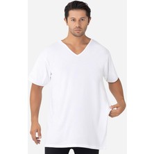 Erkek Beyaz V Yaka Kısa Kollu Büyük Beden Basic Tişört %100 Pamuklu Penye