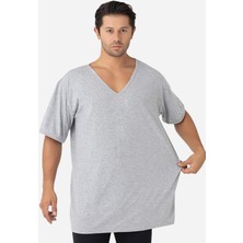 Arma Yıldız Erkek Gri V Yaka Kısa Kollu Büyük Beden Basic Tişört %100 Pamuklu Penye