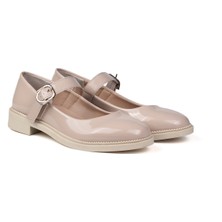 Kadın Bej Anne Ayakkabısı Tokalı Rugan Kaydırmaz Termo Taban Kısa Topuklu Rahat Günlük