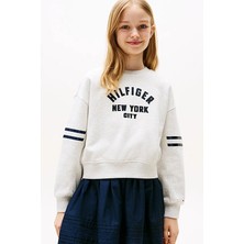 Kız Çocuk Yarasa Kollu Baskılı Sweatshirt - Gri Melanj