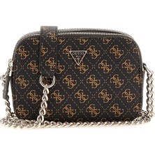 Kadın Çift Bölmeli Monogram Desenli Çapraz Askılı Çanta - Kahverengi