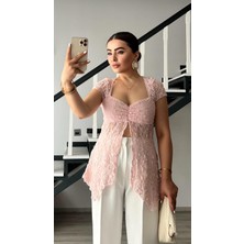 Pudra Pembe Asimetrik Dantel Bluz