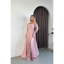 Kolları Dantelli Pudra Saten Abiye Elbise