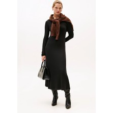 Kadın Dar Kesim Fitilli Eteği Çan Midi Elbise - Siyah