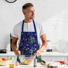 Lacivert Çiçek Detalı Mutfak Önlüğü (Keten Kumaş, Uluslararası Yıkama ve Solmama Sertifikası)