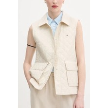 Kadın Slim Fit Kapitone Gömlek Yaka Yelek - Krem