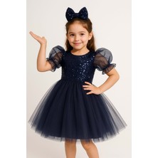 Mnk Baby & Kids Balon Kol Pul Payet Kız Çocuk Tütü Elbise M00751 Düğün İçin Şık Lacivert Tasarım
