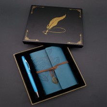 Metal Kalem ve Mavi Deri Defter