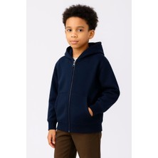 Erkek Çocuk Kapüşonlu Kanguru Çepli  Tam Fermuarlı Hırka Sweatshirt - Lacivert