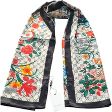 Gucci Vual Ipek Şal Çiçekli  G Baskılı Siyah Krem