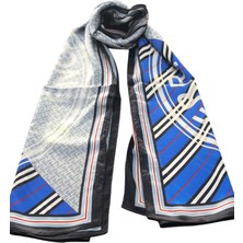 Burberry  Vual Ipek Şal Yazılı Desen Siyah Saks Mavisi