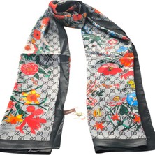 Gucci Vual Ipek Şal Çiçekli  G Baskılı Siyah Gri