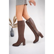 Kadın Taba Renk Diz Altı Topuklu Çizme – Günlük Rahat Şık Kışlık Bot, Sivri Burun Kahve Deri Çizme