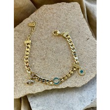 14K Taşlı Kalpli Zincir Bileklik