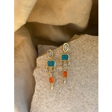 Mavi Turuncu Taşlı Sarkıt Küpe