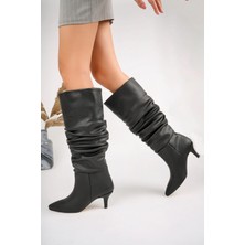 Topuklu Deri Çizme Siyah Büzgülü Kadın Çizme - Körüklü Diz Altı Siyah Çizme - Kışlık Kadın Bot