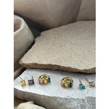 Renkli Taşlı Altın Renkli Altılı Küpe