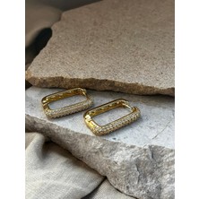 Altın Renkli Taşlı Dikdörtgen Küpe