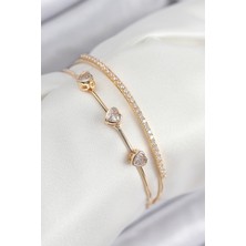 Pirinç Zirkon Taşlı Kalp Model Gold Renk Kadın Bileklik