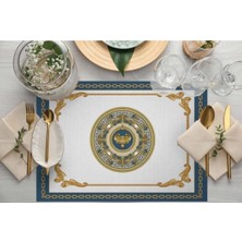 Mavi Barok Desen Kumaş Amerikan Servis 4'lü Set 35X50CM Keten, Ulusl. Yıkama ve Solmama Sertifikası