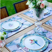 Blue - White Rose Kumaş Amerikan Servis 4'lü Set - 35X50 Keten, Ulusl.yıkama ve Solmama Sertifikası