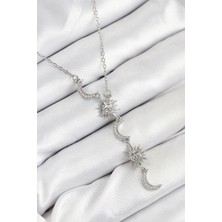 316L Çelik Zirkon Taşlı Güneş ve Ay Model Gümüş Renk Kadın Kolye