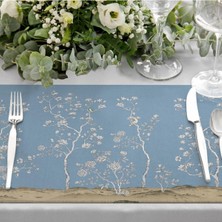 Çiçek Tasarımlı Mavi Kumaş Amerikan Servis 4'lü Set (Keten, Ulusl.yıkama ve Solmama Sertifikası)