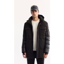 Avva Erkek Siyah Kapüşonlu Su İtici Rüzgar Geçirmez -10°C Dayanıklı Uzun Şişme Mont A52Y6125