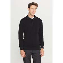 Altınyıldız Classics Erkek Siyah Pamuklu Standart Fit Normal Kesim Jakarlı Polo Yaka Triko Kazak