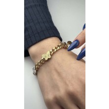 Ne10 Takı Bileklik, Zirkon Taşlı, Kararmayan Paslanmaz Çelik, Kelebek Detaylı, Altın Renk, Model36