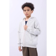 Erkek Çocuk Kapüşonlu Kanguru Çepli Tam Fermuarlı Hırka Sweatshirt - Gri