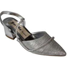 Yazkış Kadın Gümüş Siyah Taşlı 6cm Kalın Topuklu Abiye Ayakkabı