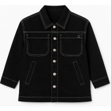 Kız Çocuk Kot  Siyah Kontrast Dikişli Cepli Düğmeli Ceket