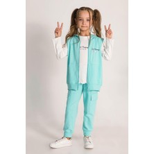 Kız Çocuk Pamuklu Yeşil Kapüşonlu Yelek ve Kargo Cepli Eşofman Takım