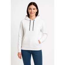 Kadın Üç Iplik Kapüşonlu Kanguru Çepli Sweatshirt Hoodie - Beyaz