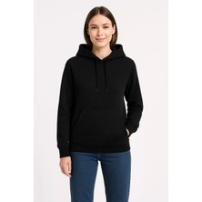 Kadın Üç Iplik Kapüşonlu Kanguru Çepli Sweatshirt Hoodie - Siyah