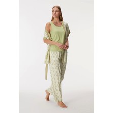 Anıl 11421 Yeşil 3'lü Sabahlık, Atlet ve Pantolon Kadın Pijama Takım