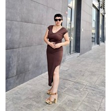 V Yaka Düşük Kol Derin Yırtmaçlı Midi Boy Elbise