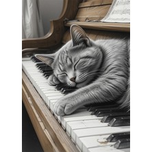 Bedeko Piyano ve Kedi Ahşap Tablo