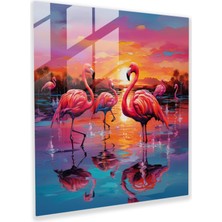 Popcas Flamingo Günbatımı Cam Tablo - Flamingo Duvar Dekorasyonu Ev Dekorasyonu Modern Sanat