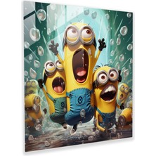 Popcas Minyonlar Eğlenceli Sahne Cam Tablosu - Minyonlar Ev Dekorasyonu Çizgi Roman Tablosu