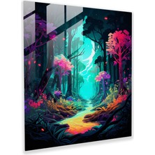 Popcas Neon Yapraklar Cam Tablo - Yapraklar Modern Sanat Dijital Illüstrasyon